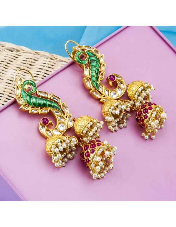 Gold Toned - Ruby Studded Premium Designer Drop Ea...