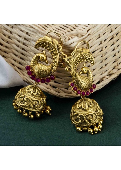 Gold Toned - Ruby Studded Premium Designer Drop Earrings 64033