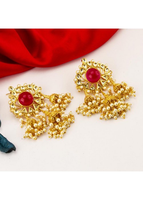 Gold Toned - Pearl-Studded Premium Designer Drop Earrings 64038