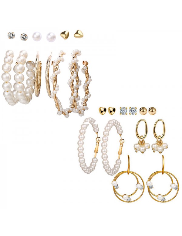 Jewels Galaxy Gold Plated White Studs and Hoop Earrings Set of 12