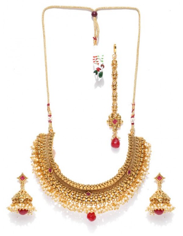 Jewels Galaxy Gold-Toned Stone-Studded Beaded Jewellery Set 399