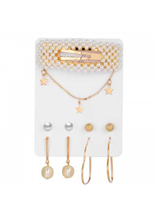 Jewels Galaxy Trending Set of 4 Stud & Hoop Earrings With a Pearl Clature & Star Necklace PC-ERG-182
