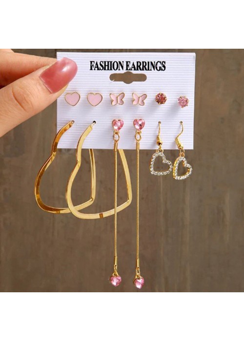 Jewels Galaxy Gold Plated Heart inspired Pink and Gold Earrings Combo of Studs and Drop Earrings
