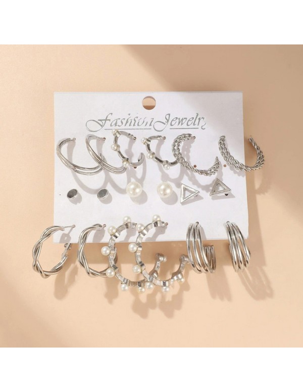 Jewels Galaxy Silver Plated Silver-Toned Contemporary Hoop Earrings Set of 9
