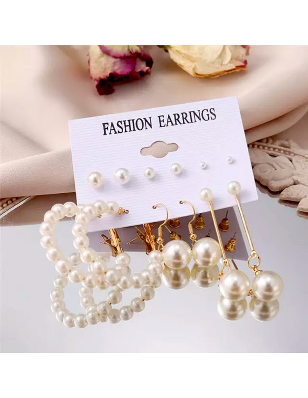 Jewels Galaxy Gold Plated Gold-Toned White Studs, Hoops and Drop Earrings Set of 6