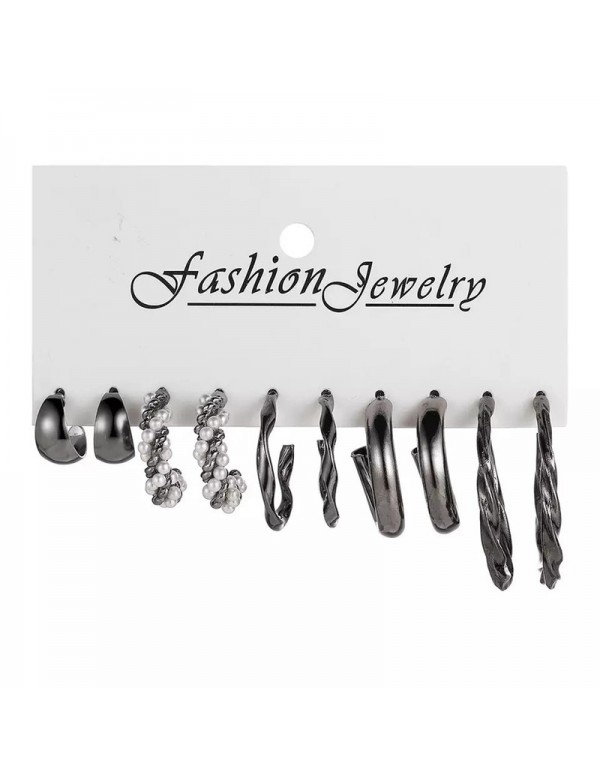 Jewels Galaxy Black Silver Plated Black-Toned Contemporary Hoop Earrings Set of 5