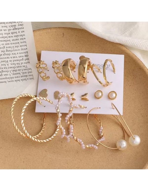 Jewels Galaxy Gold Plated Contemporary Studs and Hoop Earrings Set of 9