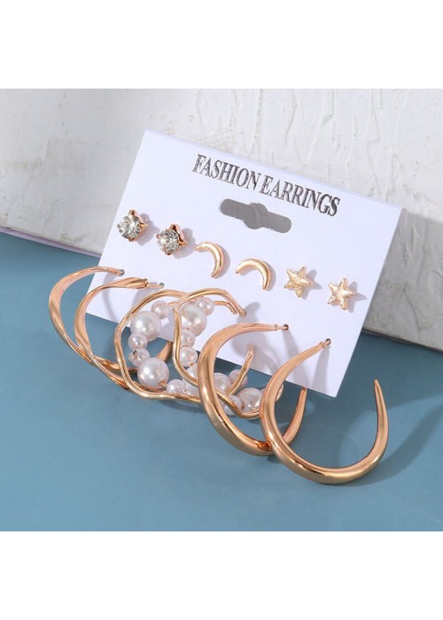 Jewels Galaxy Gold Plated Contemporary Stars and Moon Studs and Hoop Earrings Set of 6