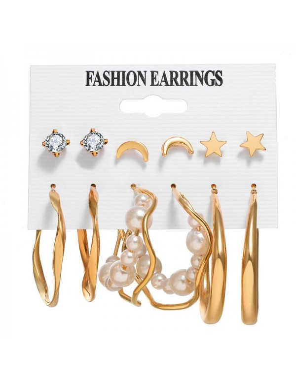 Jewels Galaxy Gold Plated Contemporary Stars and Moon Studs and Hoop Earrings Set of 6