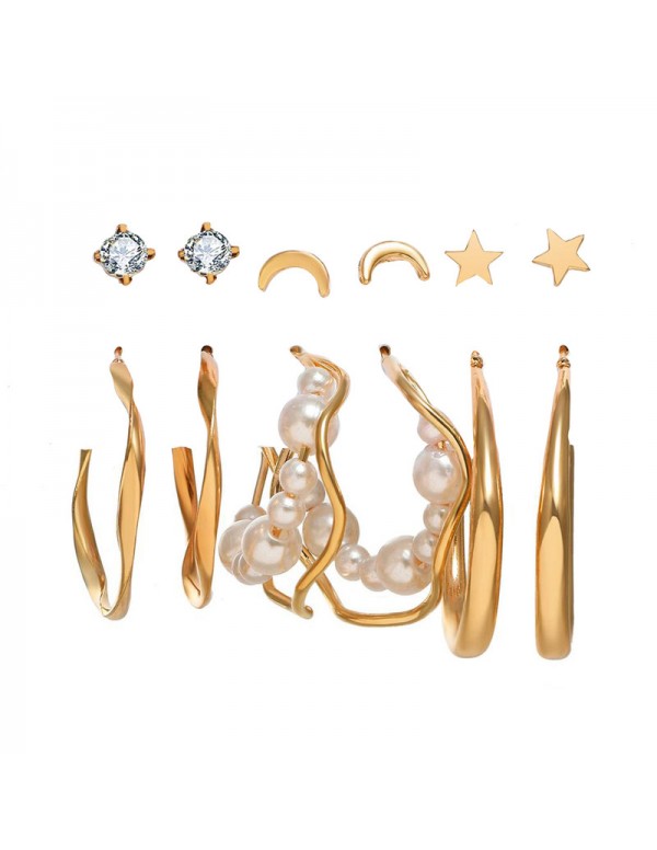 Jewels Galaxy Gold Plated Contemporary Stars and Moon Studs and Hoop Earrings Set of 6