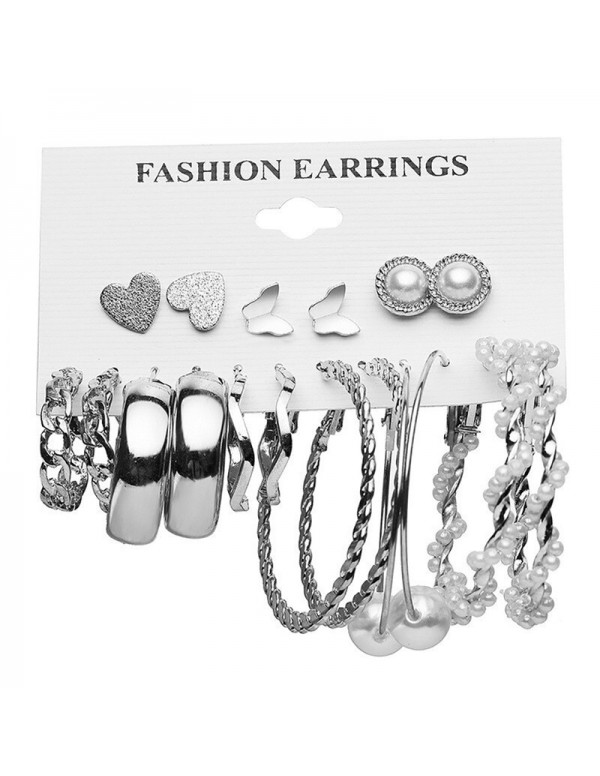Jewels Galaxy Silver Plated Silver-Toned Contemporary Hoop Earrings Set of 9