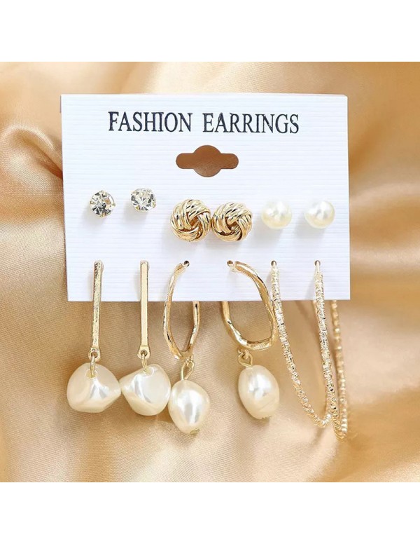 Jewels Galaxy Gold Plated Gold-Toned White Studs, Hoops and Drop Earrings Set of 6