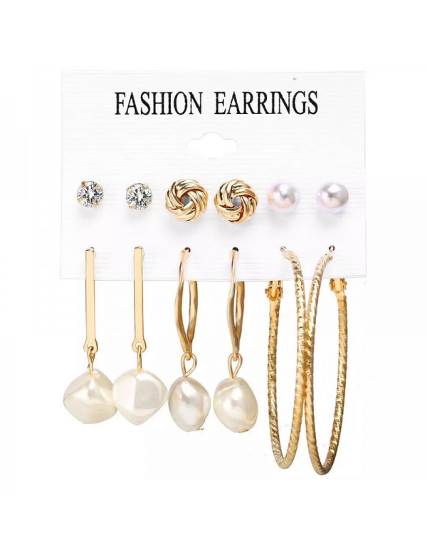 Jewels Galaxy Gold Plated Gold-Toned White Studs, Hoops and Drop Earrings Set of 6