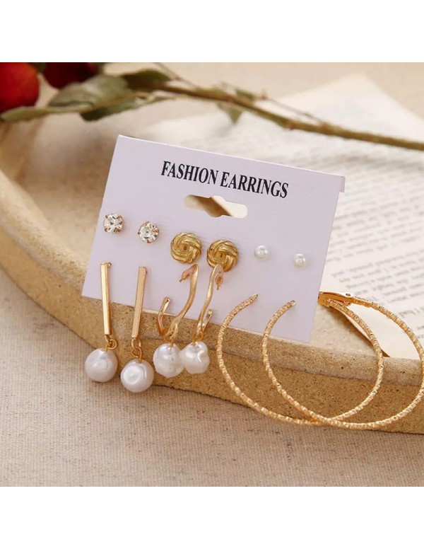 Jewels Galaxy Gold Plated Gold-Toned White Studs, Hoops and Drop Earrings Set of 6
