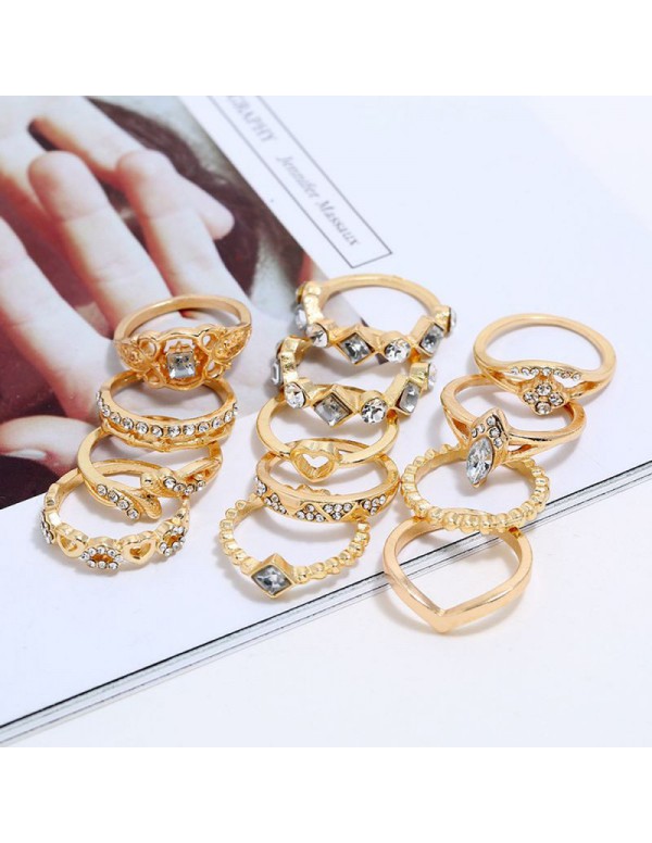 Jewels Galaxy Gold Plated Stone Studded Contemporary Stackable Rings Set of 13