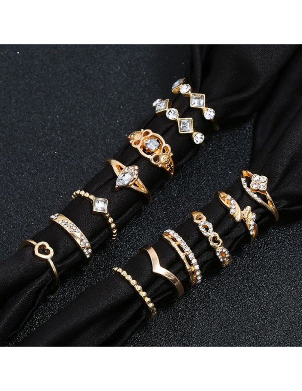 Jewels Galaxy Gold Plated Stone Studded Contemporary Stackable Rings Set of 13