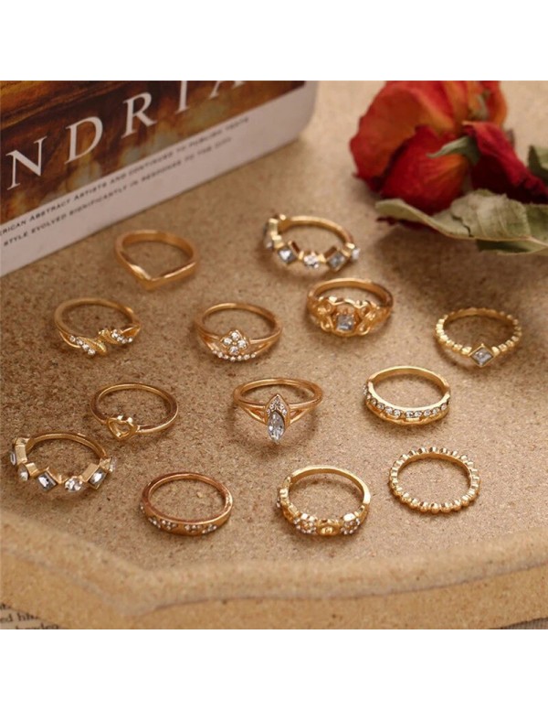 Jewels Galaxy Gold Plated Stone Studded Contemporary Stackable Rings Set of 13