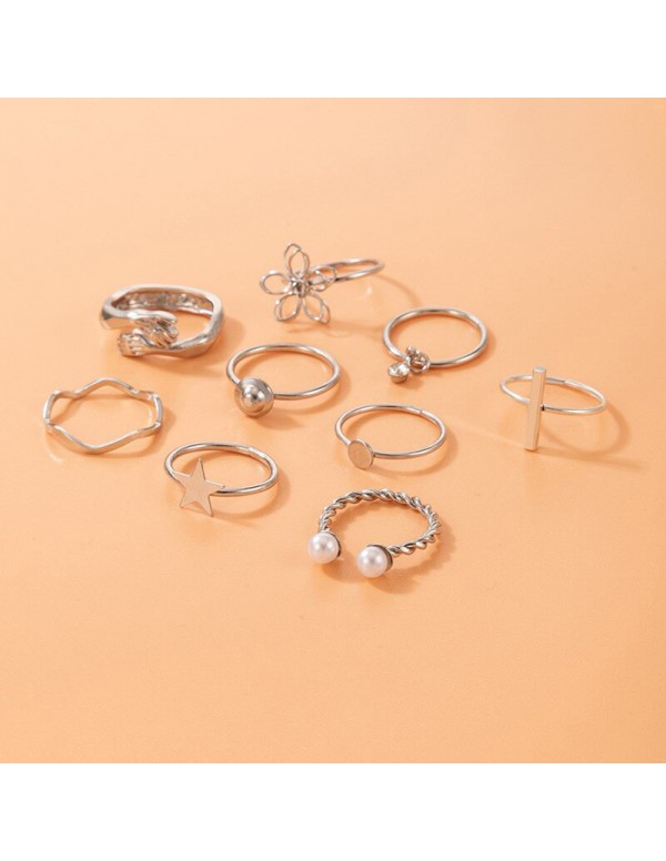 Jewels Galaxy Women Set of 9 Silver Plated Adjustable Hug-Floral Finger Ring