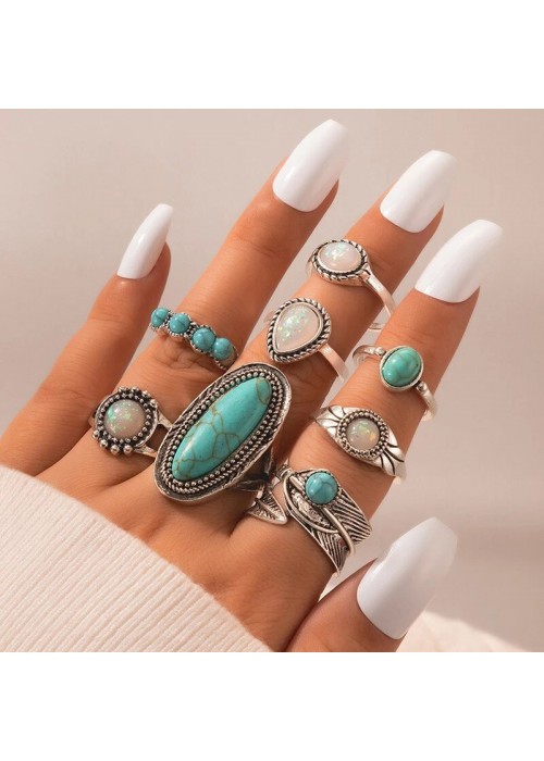 Jewels Galaxy Women Set of 8 Silver Plated Turquoise Contemporary Finger Ring