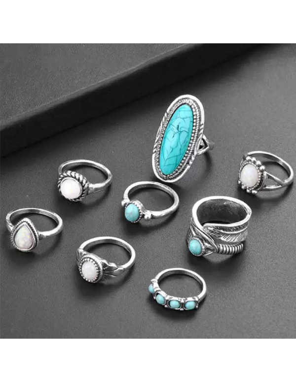 Jewels Galaxy Women Set of 8 Silver Plated Turquoise Contemporary Finger Ring