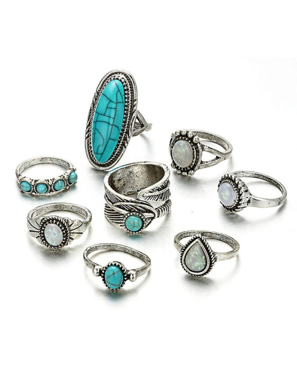 Jewels Galaxy Women Set of 8 Silver Plated Turquoise Contemporary Finger Ring