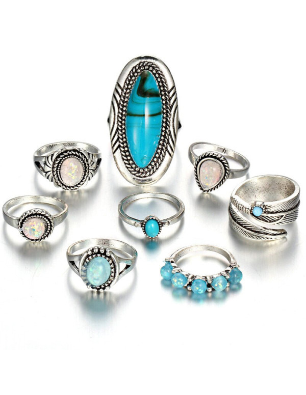 Jewels Galaxy Women Set of 8 Silver Plated Turquoise Contemporary Finger Ring