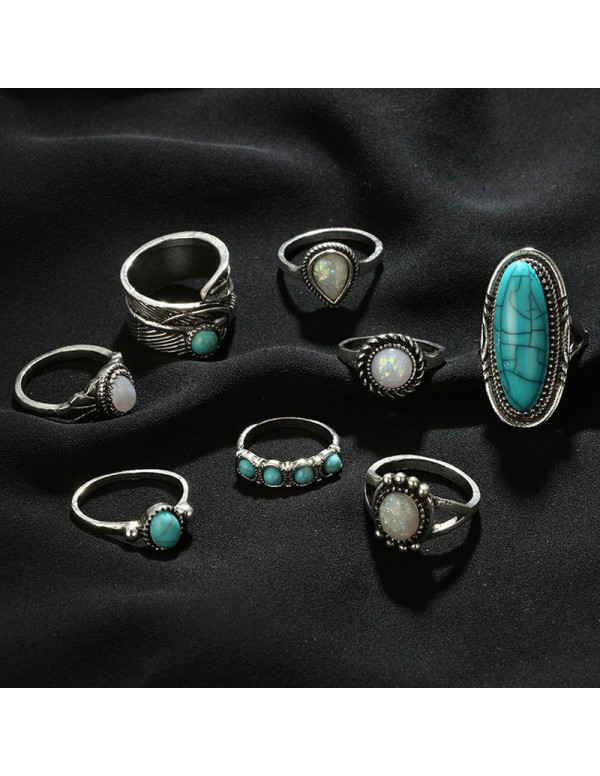 Jewels Galaxy Women Set of 8 Silver Plated Turquoise Contemporary Finger Ring