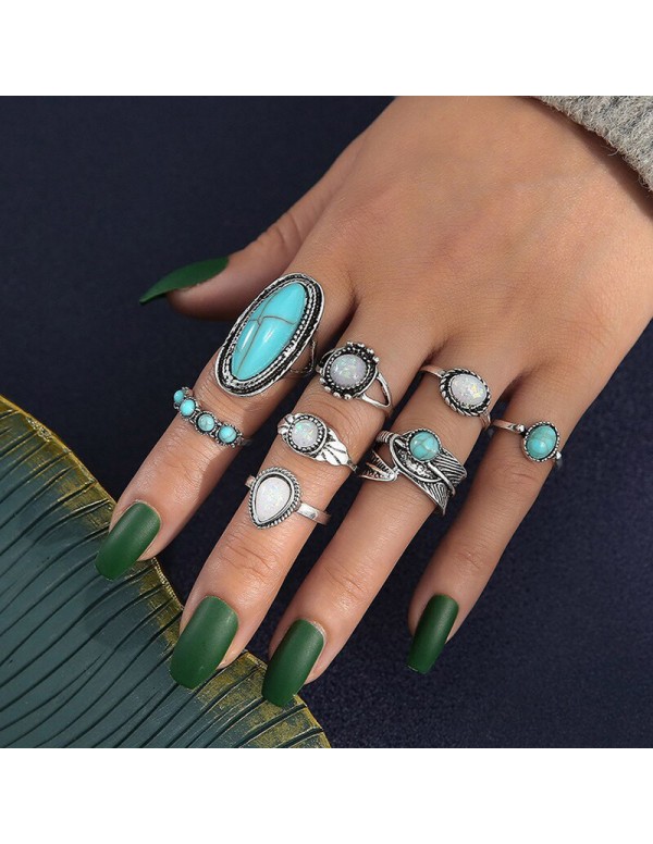 Jewels Galaxy Women Set of 8 Silver Plated Turquoise Contemporary Finger Ring