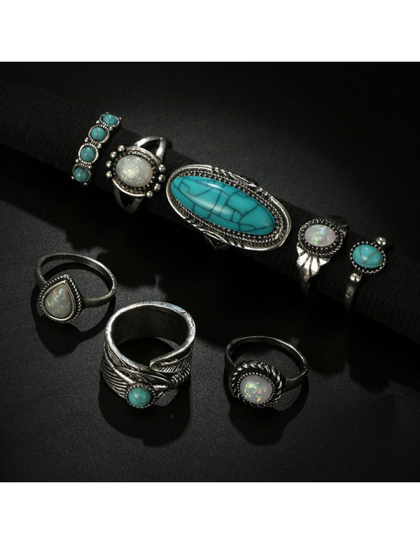 Jewels Galaxy Women Set of 8 Silver Plated Turquoise Contemporary Finger Ring