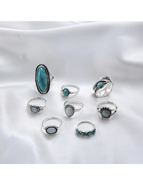 Jewels Galaxy Women Set of 8 Silver Plated Turquoise Contemporary Finger Ring