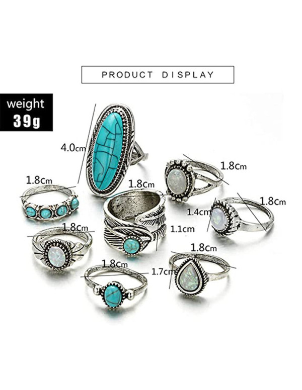 Jewels Galaxy Women Set of 8 Silver Plated Turquoise Contemporary Finger Ring