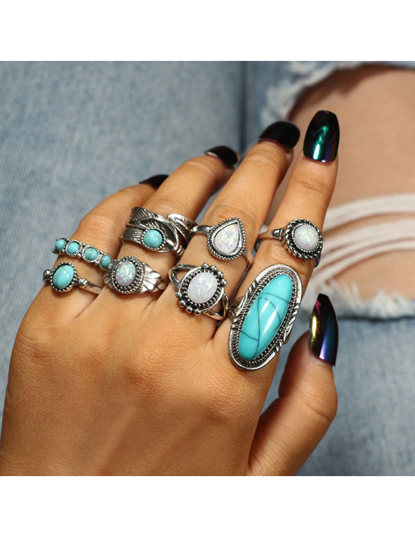 Jewels Galaxy Women Set of 8 Silver Plated Turquoise Contemporary Finger Ring