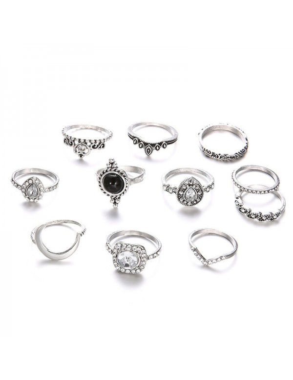 Jewels Galaxy Stone Studded Silver Plated Stackable Rings Set of 11
