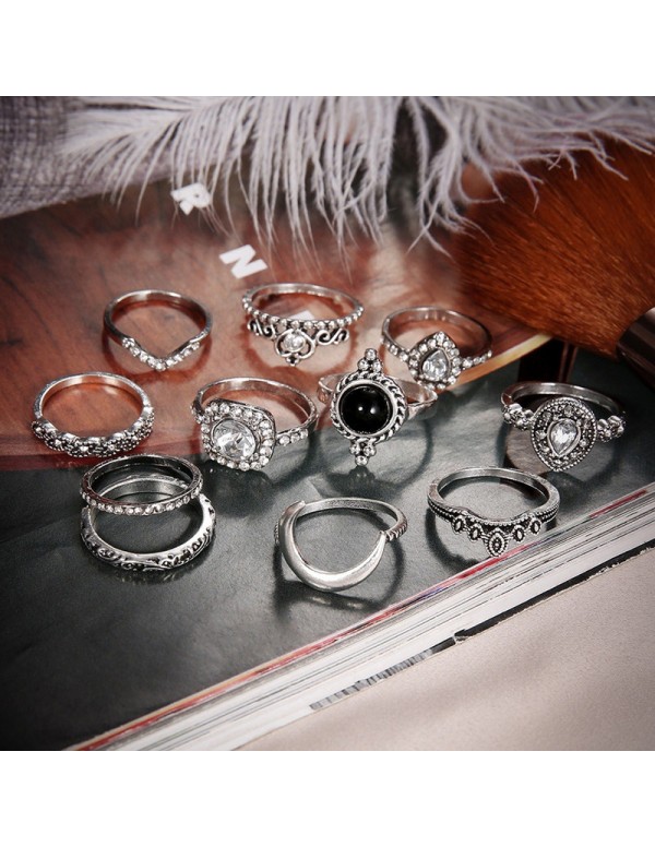Jewels Galaxy Stone Studded Silver Plated Stackable Rings Set of 11