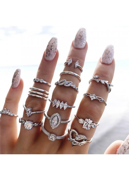 Jewels Galaxy Stone Studded Silver Plated Stackable Rings Set of 15