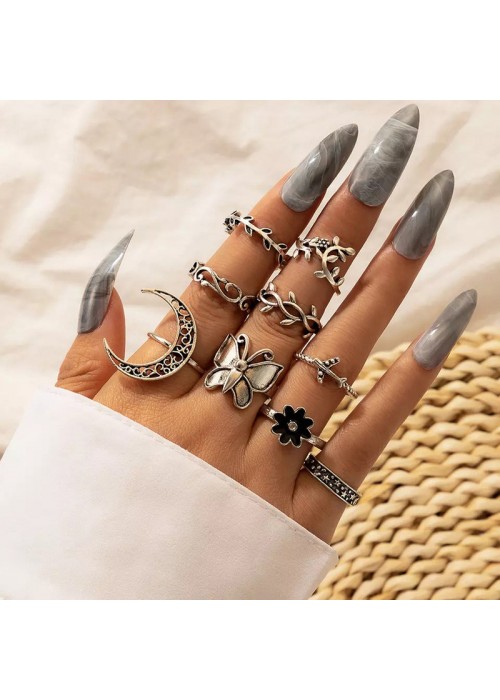 Jewels Galaxy Women Silver Plated Contemporary Stackable Rings Set of 9