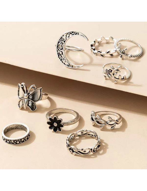 Jewels Galaxy Women Silver Plated Contemporary Stackable Rings Set of 9