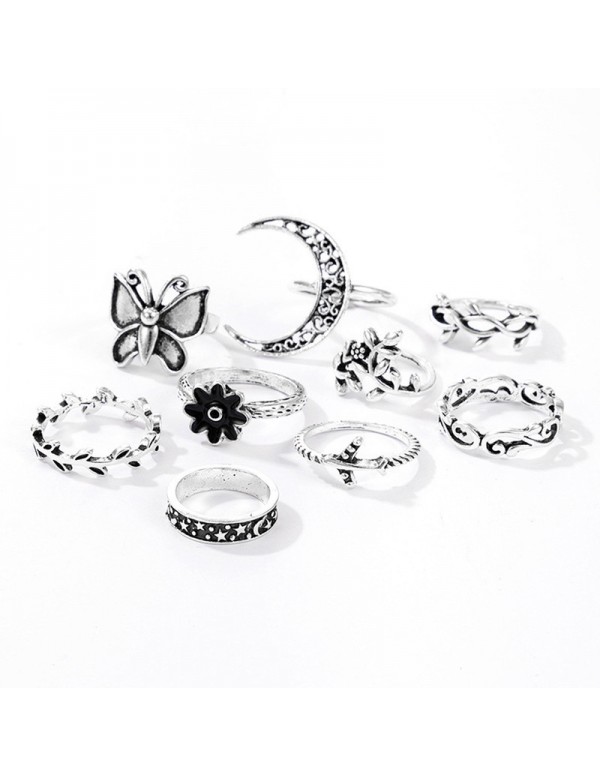 Jewels Galaxy Women Silver Plated Contemporary Stackable Rings Set of 9