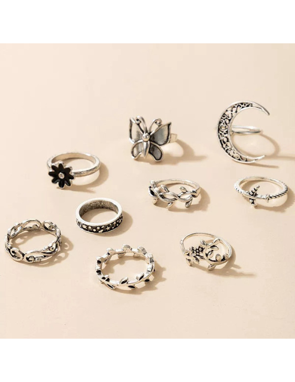 Jewels Galaxy Women Silver Plated Contemporary Stackable Rings Set of 9