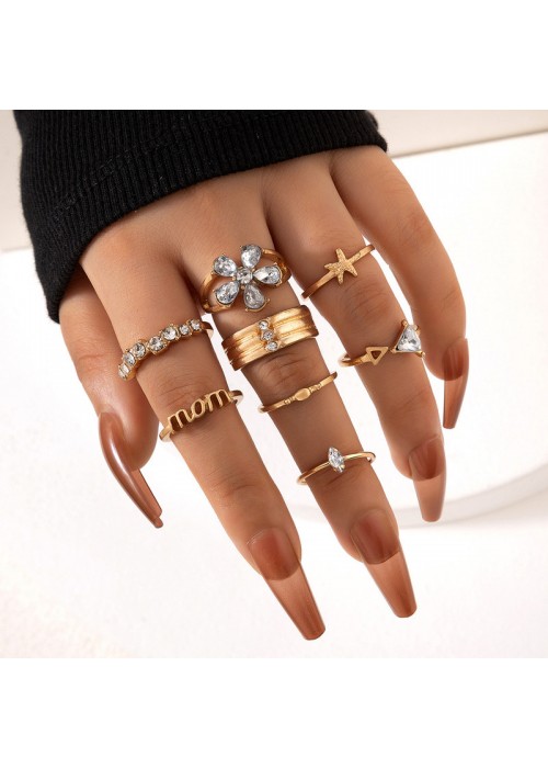 Jewels Galaxy Women Set of 8 Gold Plated Adjustable "MOM" Floral Finger Ring