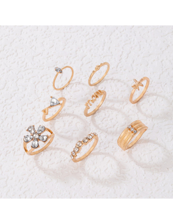 Jewels Galaxy Women Set of 8 Gold Plated Adjustable "MOM" Floral Finger Ring