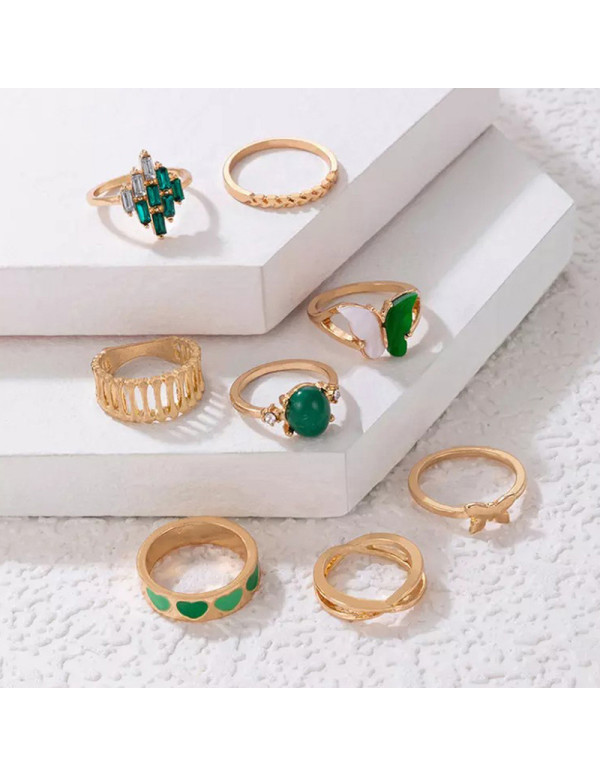 Jewels Galaxy Gold Plated Green Butterfly inspired Stackable Rings Set of 8