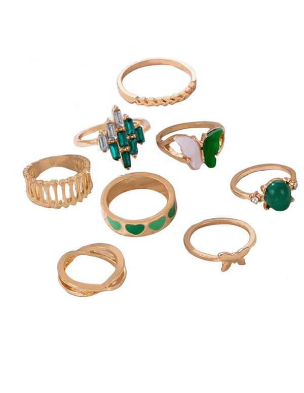 Jewels Galaxy Gold Plated Green Butterfly inspired Stackable Rings Set of 8