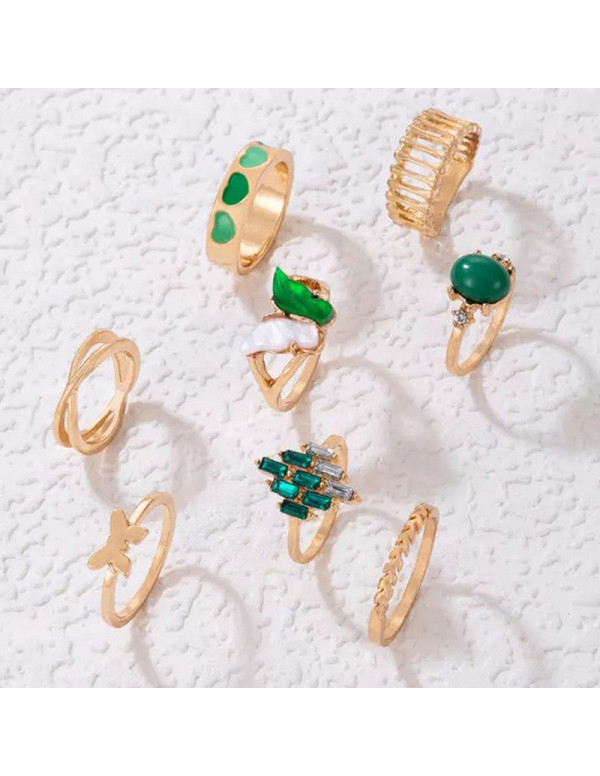 Jewels Galaxy Gold Plated Green Butterfly inspired Stackable Rings Set of 8