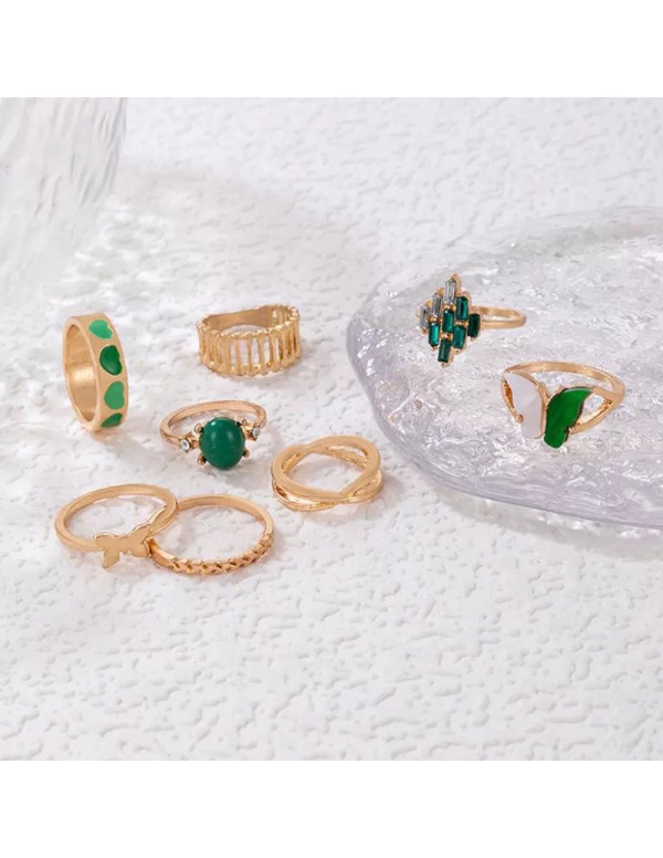 Jewels Galaxy Gold Plated Green Butterfly inspired Stackable Rings Set of 8