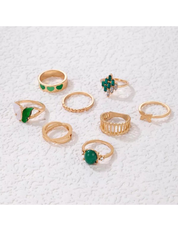 Jewels Galaxy Gold Plated Green Butterfly inspired Stackable Rings Set of 8