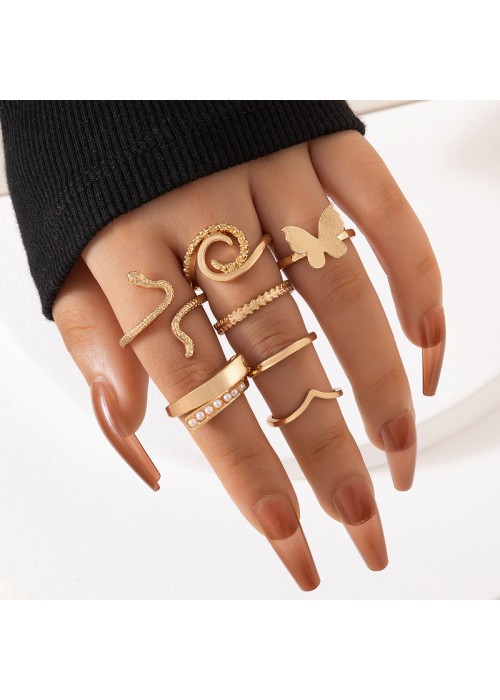 Jewels Galaxy Gold Plated Gold-Toned Butterfly-Snake inspired Stackable Rings Set of 7