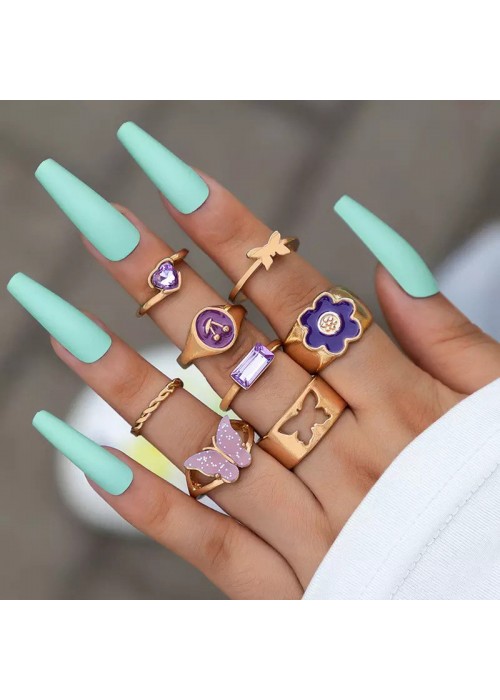 Jewels Galaxy Women Set of 8 Gold Plated Purple Butterfly-Floral Finger Ring