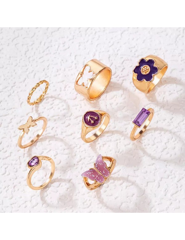 Jewels Galaxy Women Set of 8 Gold Plated Purple Butterfly-Floral Finger Ring