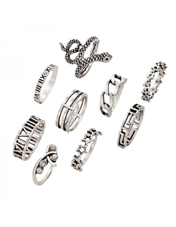 Jewels Galaxy Silver Plated Snake inspired Stackable Rings Set of 9